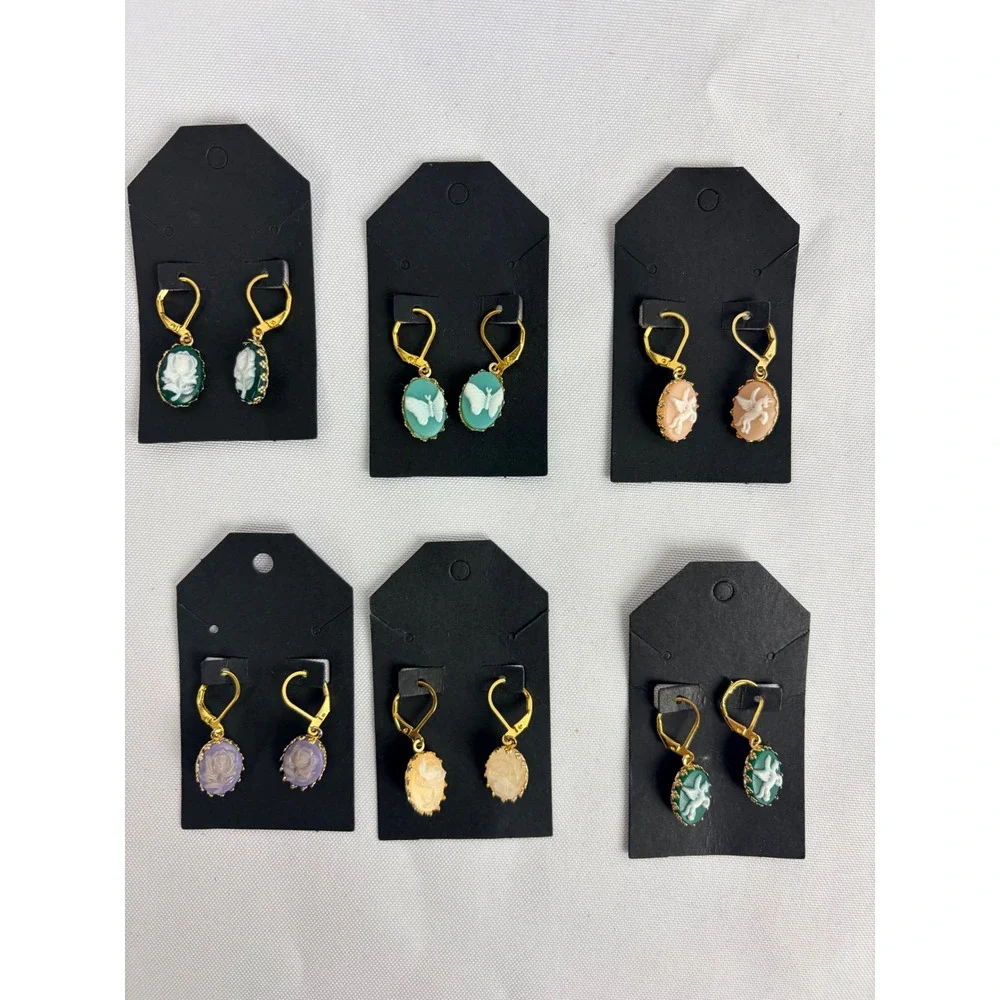 Vintage Style Cameo‎ Leverback Drop Earrings Rose Butterfly Pegasus Gold Tone